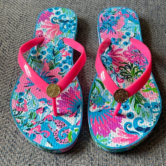 Lilly Pulitzer Shoes - Lilly Pulitzer Blue and Pink Pool Flip Flop with Floral Design Size: 8
